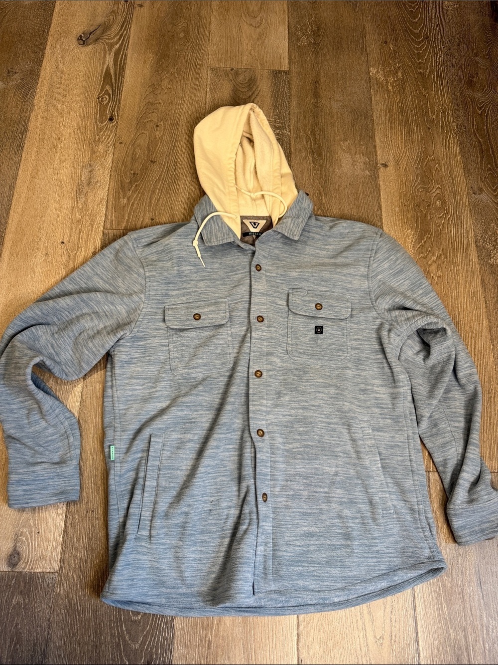 VISSLA Heather Gray Button-Up Shirt Jacket with Cream Hood 0760